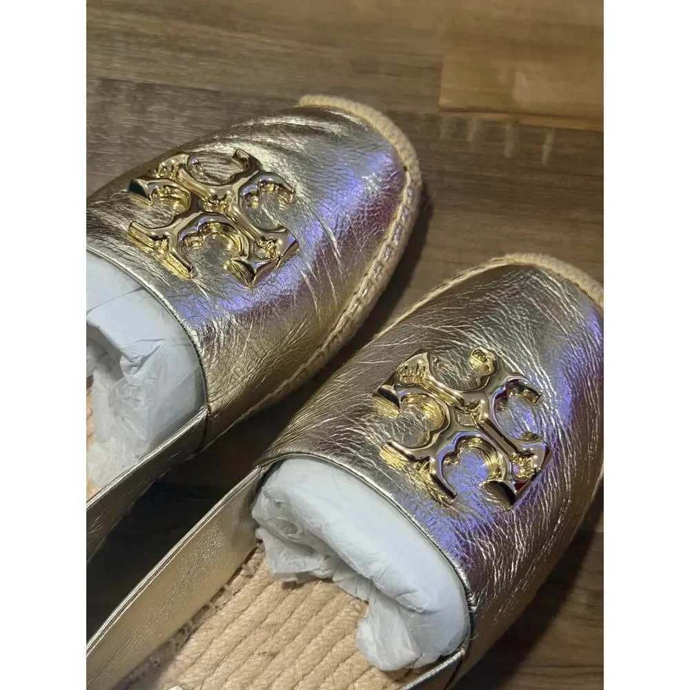 Tory Burch Eleanor Espadrille Metallic Leather Spark Gold Sz 8.5